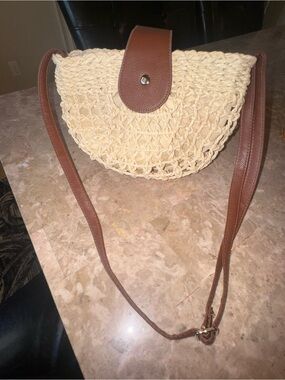 Woven Straw Crossbody Bag with Brown Leather Trim